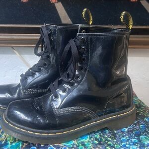 Black Patent Leather Lace-Up Doc Marten Boots with Yellow Stitching